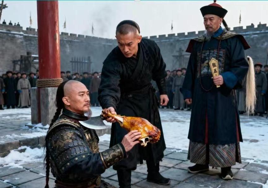 行刑前，年羹尧恳求吃一口烤羊腿，谁知刽子手从羊腿骨中搜出密旨，打开细看，内容让他