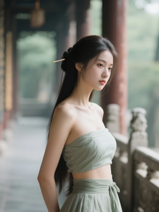 与古寺的古朴相映成趣，宛如从画中走来的仙子。