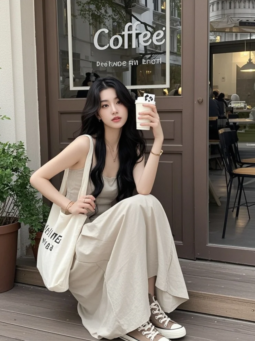 蹲在咖啡店门口拍照，假装今天也很有故事感