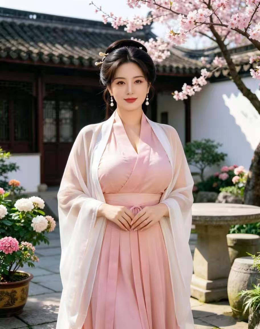 天净沙·桃花源斜阳疏影覆青瓦，红墙白柱映苔花。粉裙临石笑指霞，群芳争赏，