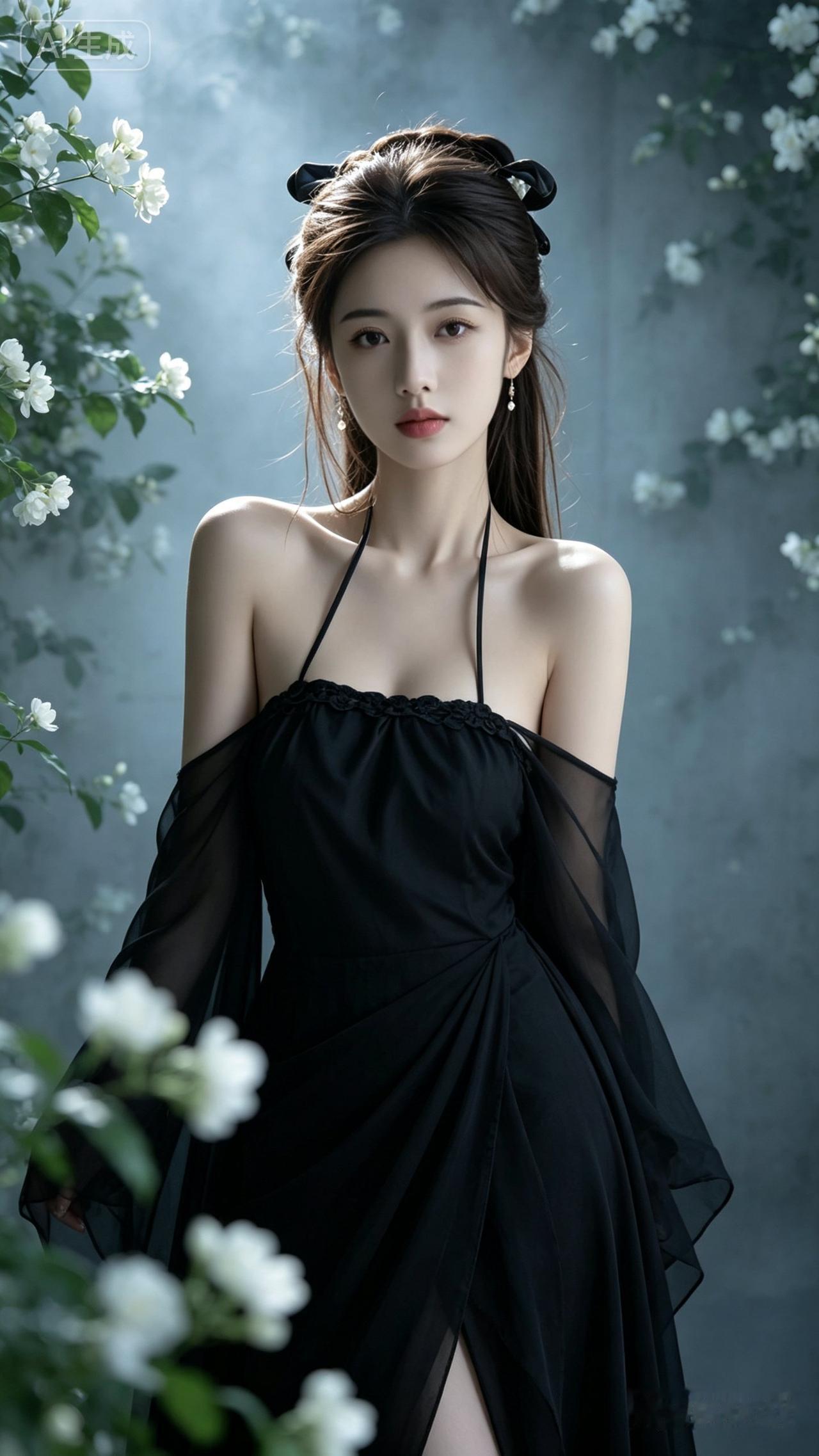 优雅黑裙，花海中的仙气少女