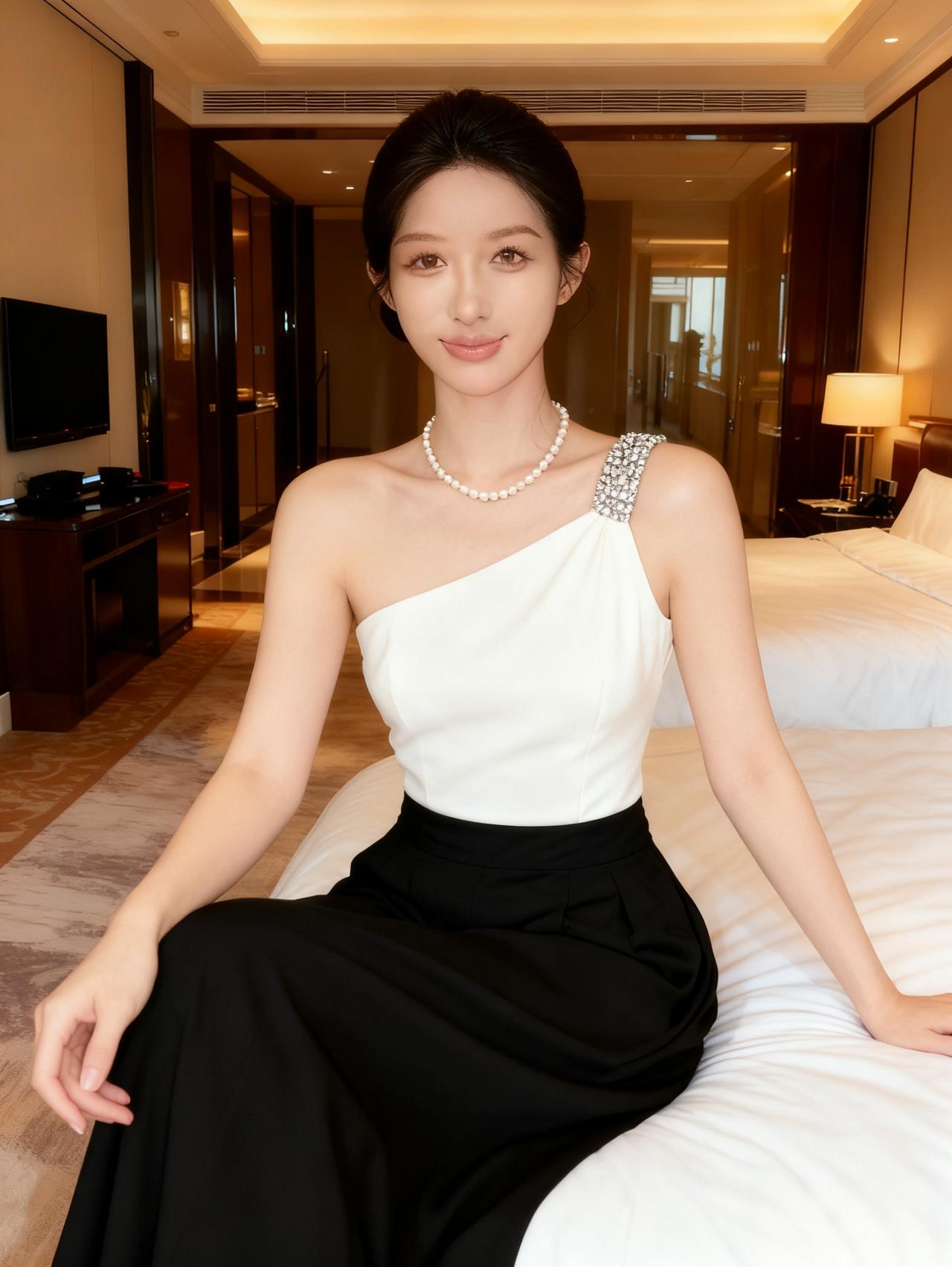 这位模特美吗？极简风的白色无袖连衣裙，版型利落修身，勾勒出纤细的身形线条。