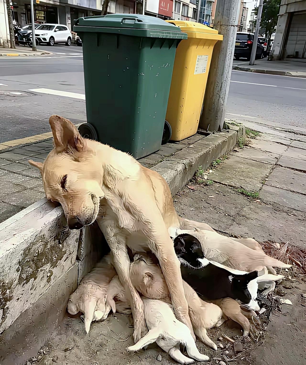  饿晕在路边也不肯挪动身体，狗妈妈用尽最后力气护住怀里幼崽万物皆有灵性流浪