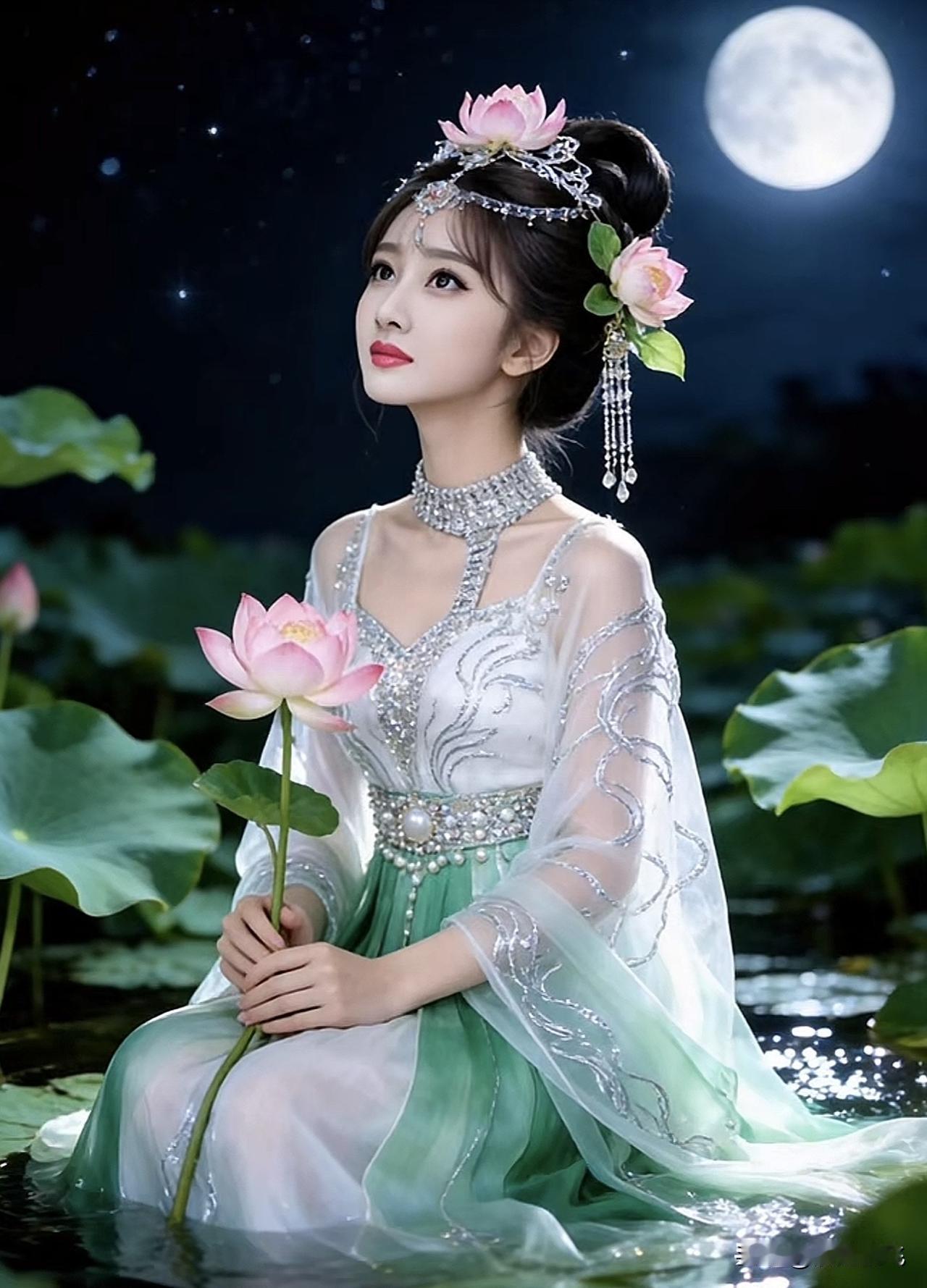月光下的仙子，荷塘里的梦莲花上的仙子飘月仙子莲月仙子飘月仙子莲月仙子荷