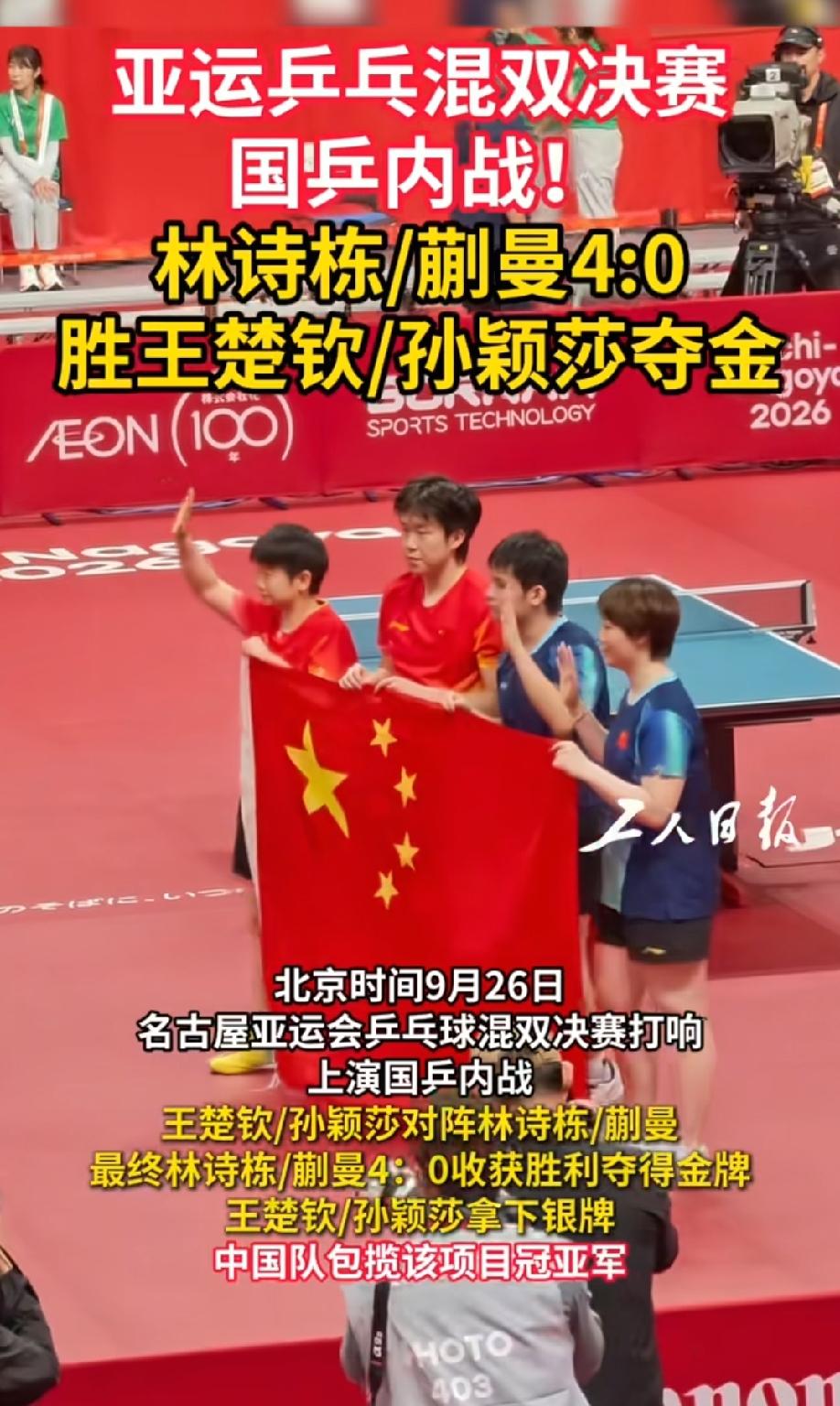 莎头输了，王励勤却笑了王楚钦和孙颖莎虽然没能完美地拿到亚运会三连冠，但冠亚军