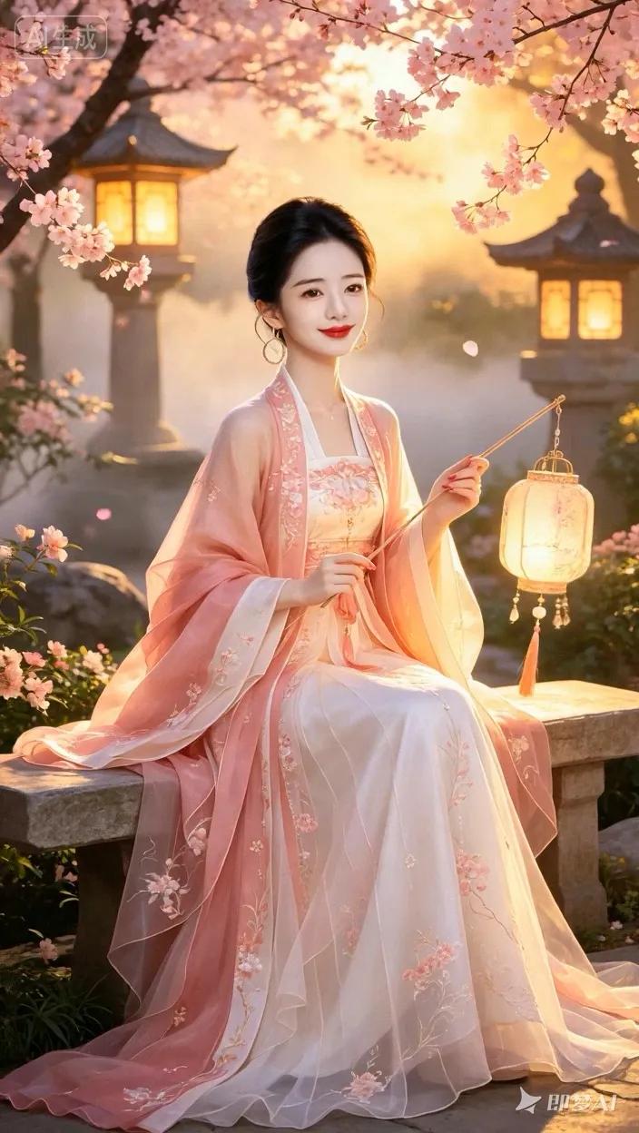 七绝●醉美花园/古韵烂漫樱花色粉红，华灯刚上点灯笼。烟环雾绕朦胧