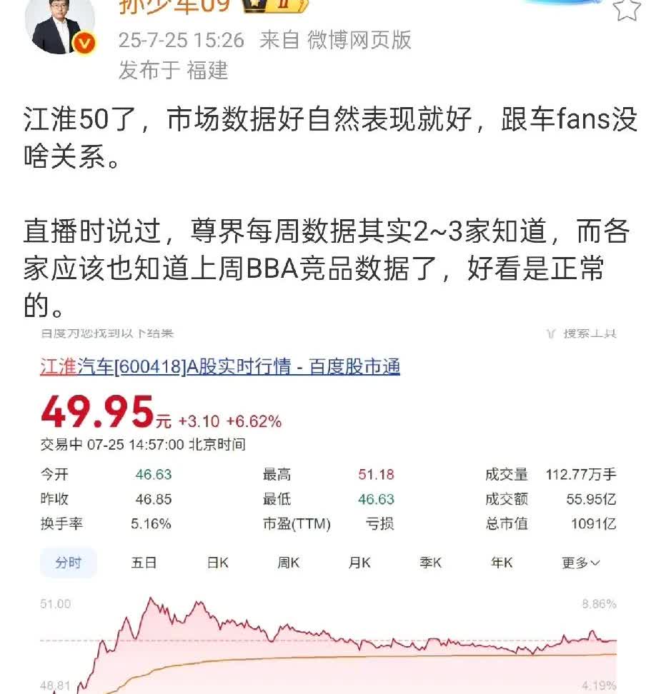 孙少军：江淮的股价涨到50了，市场数据转好自然就会好起来。尊界S800每周的
