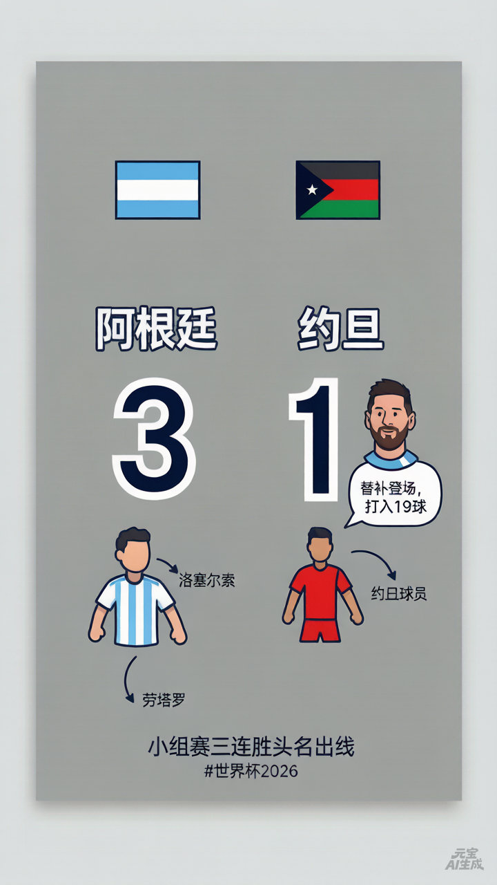 阿根廷3-1约旦，洛塞尔索神仙任意球+劳塔罗点射打卡，梅西替补上来遛两圈顺手搓进