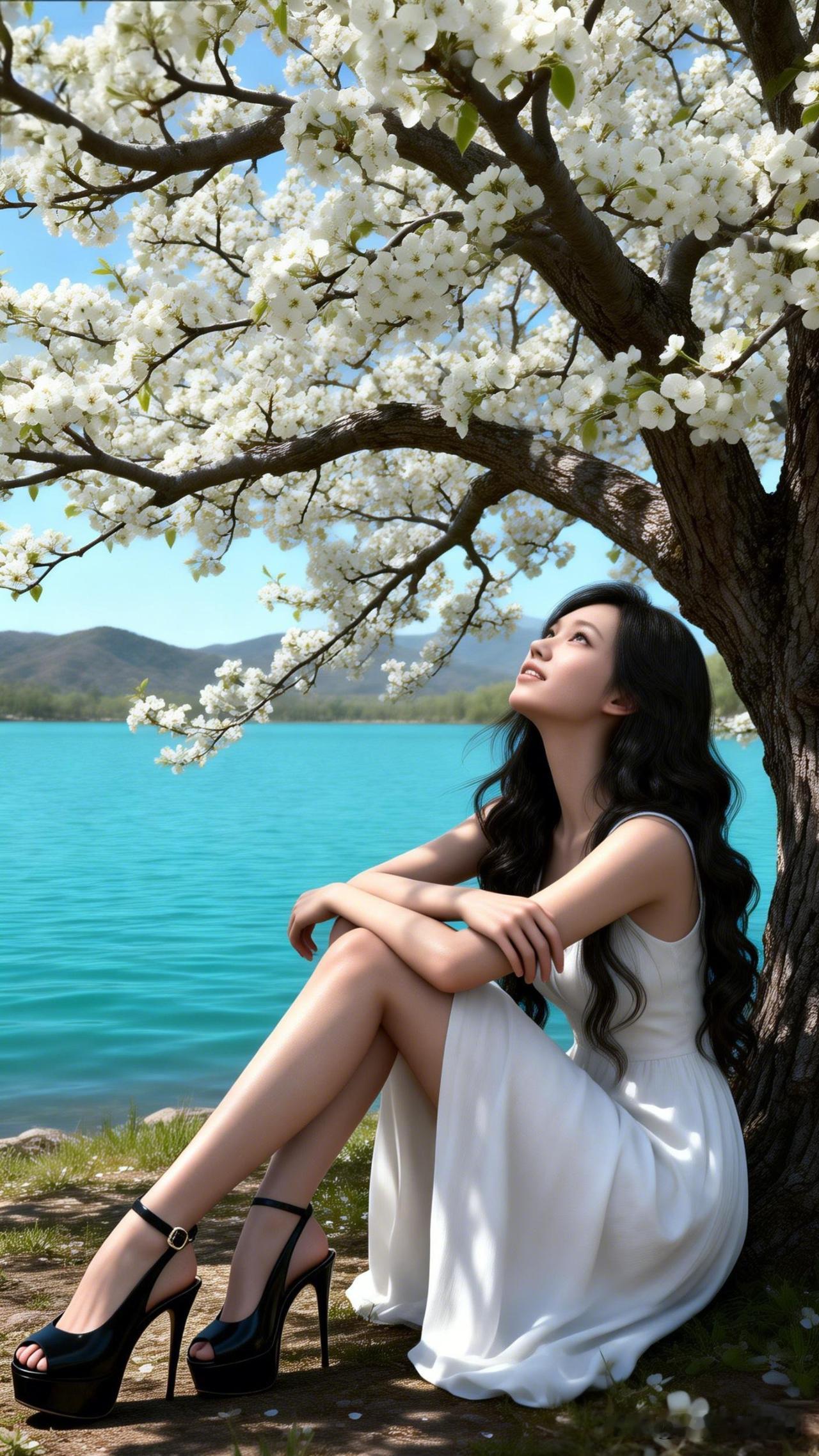 湖畔花树下，白裙飘飘，静享美好时光。🌸💃🌊