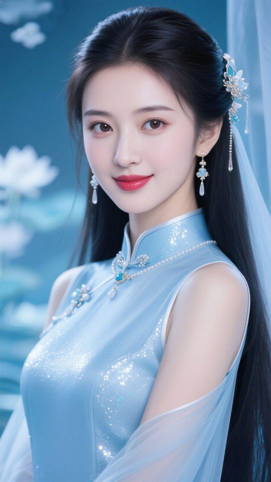 清蓝入眉眼一袭清蓝裁作裳，似揉碎了江南的月色，又揽尽了池畔的荷风。发间银饰
