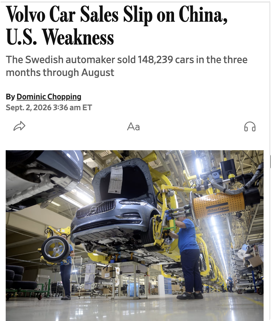 外媒：沃尔沃汽车公布，2026年6月至8月全球销量同比下降7.4%，共售出14.82万辆汽车，低于去