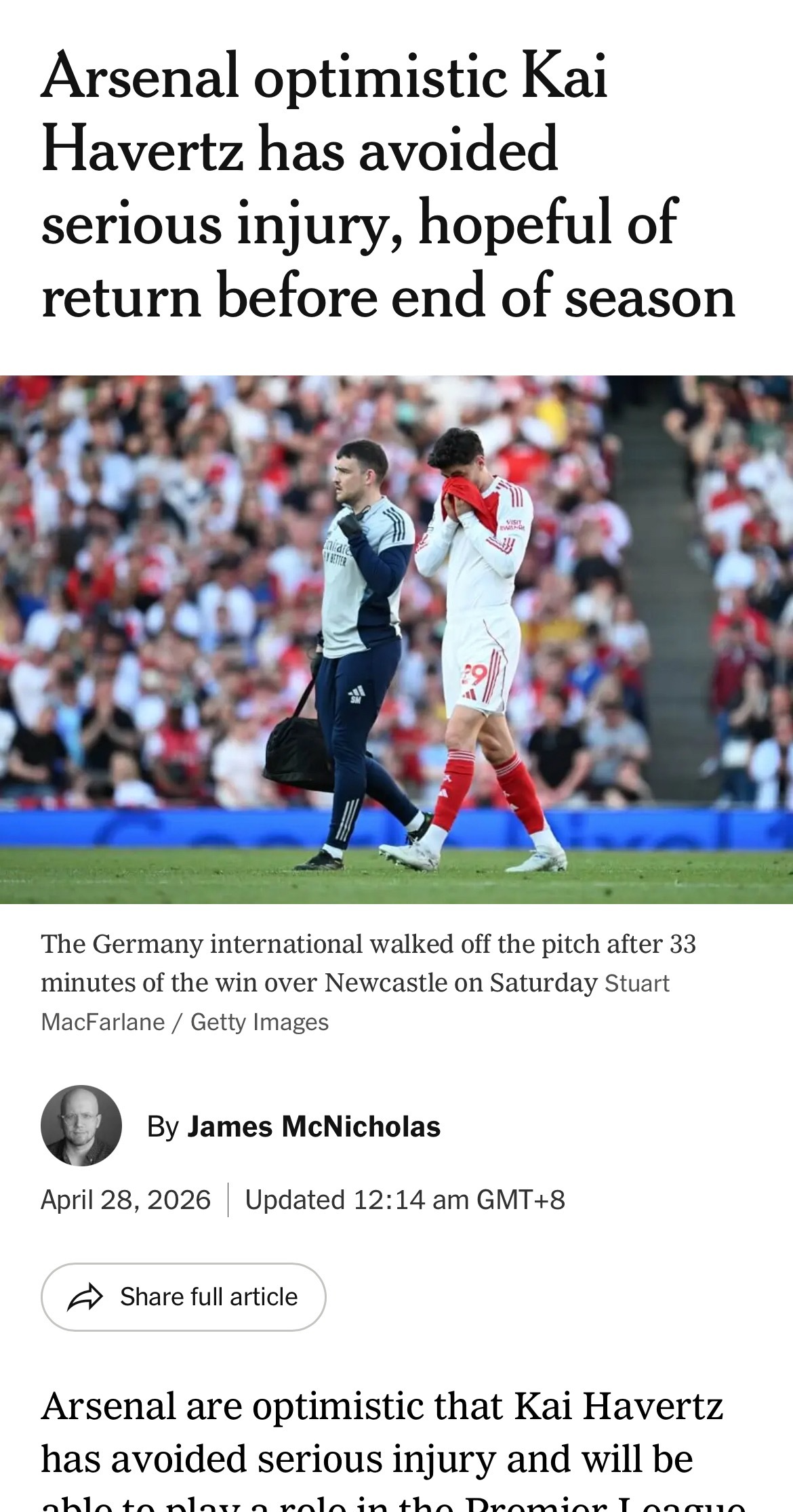 TheAthleticJamesMcNicholas：凯·哈弗茨的伤情初步