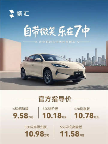 比亚迪全资子品牌领汇e7正式上市，售价9.58–11.58万元，定位大空间闪充中