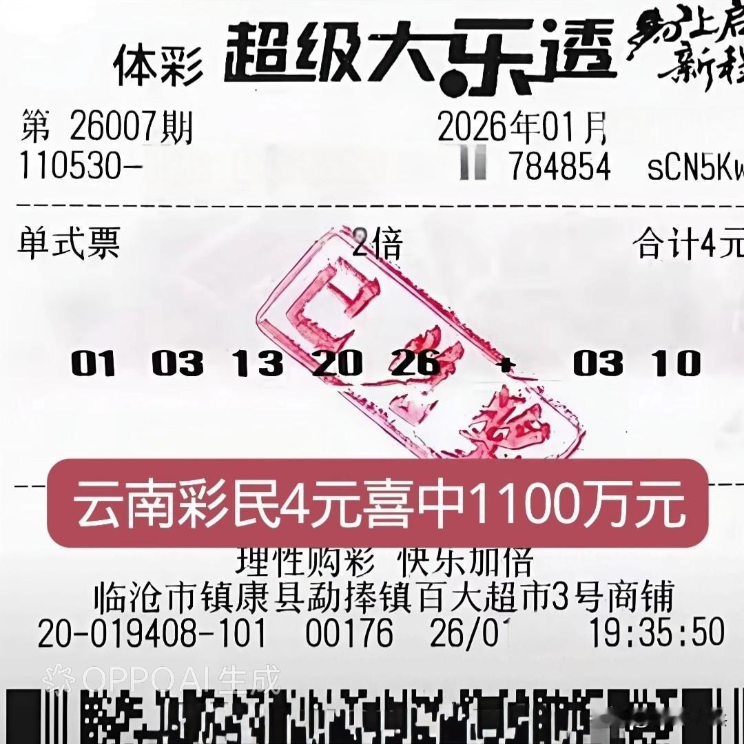 4元体育彩票，喜中一等奖1100万元，云南彩民买了4元一注大乐透彩票，开奖后没想