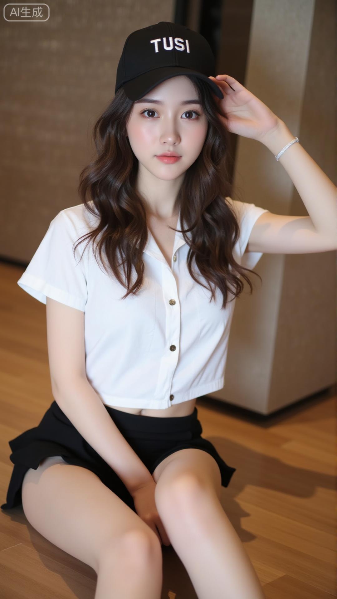 帽檐轻压卷发，白衬衫松垮裹着慵懒，黑裙衬出纤腰，这甜酷松弛的氛围感，是一眼就心动