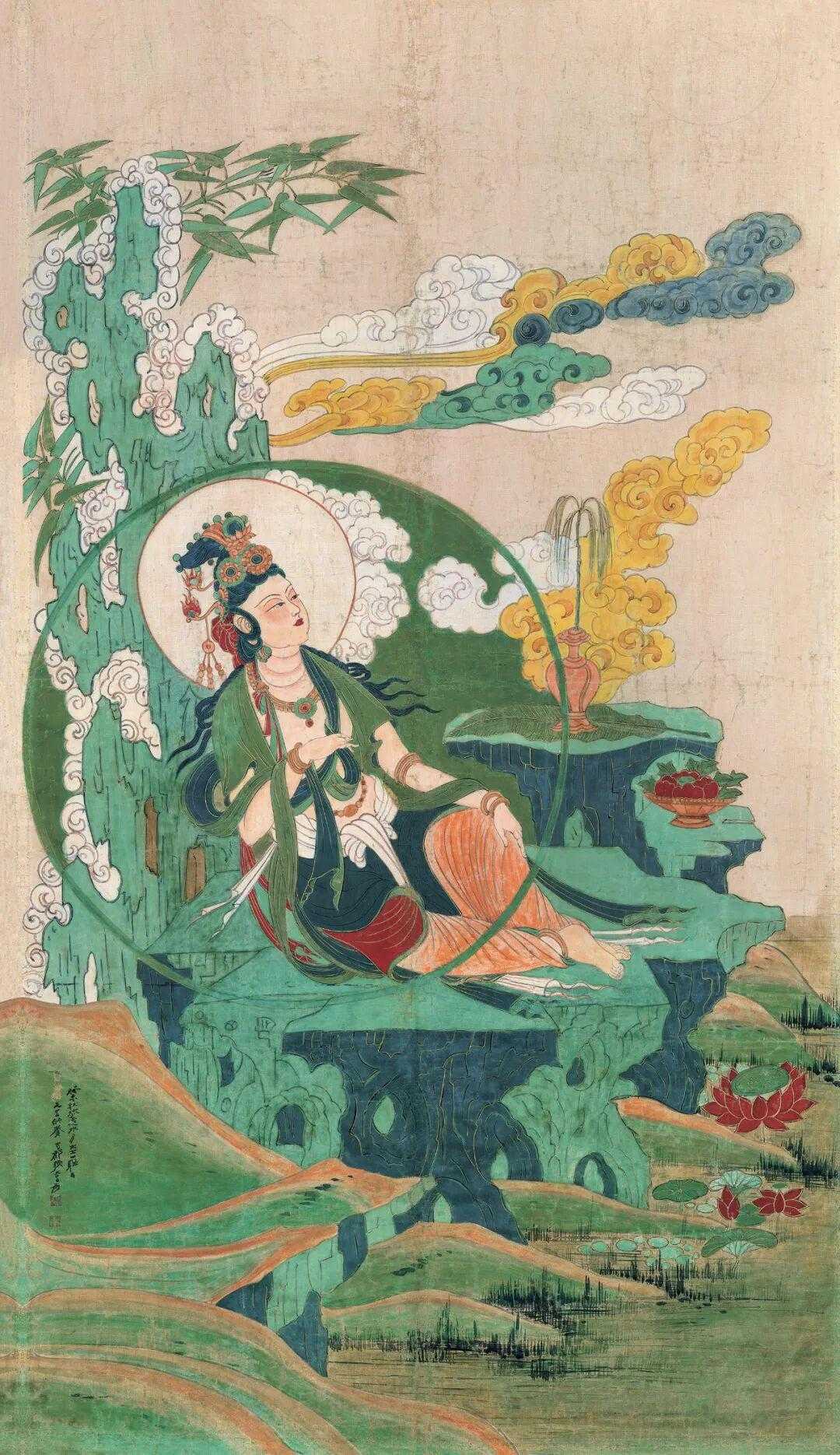 张大千《水月观音》，1943年作，设色特制画布158.5x87.5cm。题识：