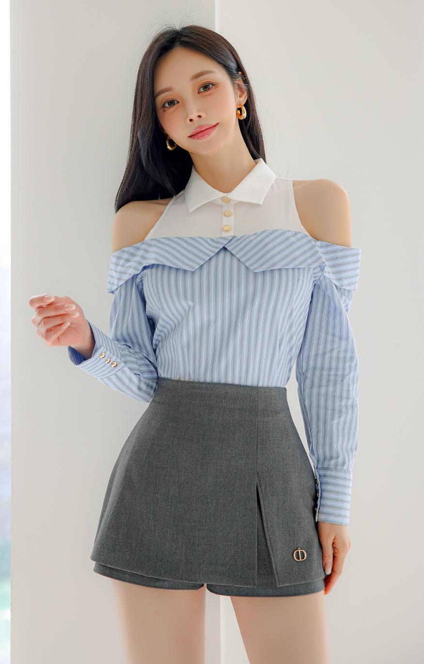 孙允珠这一身优雅条纹衬衫配高腰短裙，简直把简约时尚玩明白了。条纹衬衫经典又百搭，