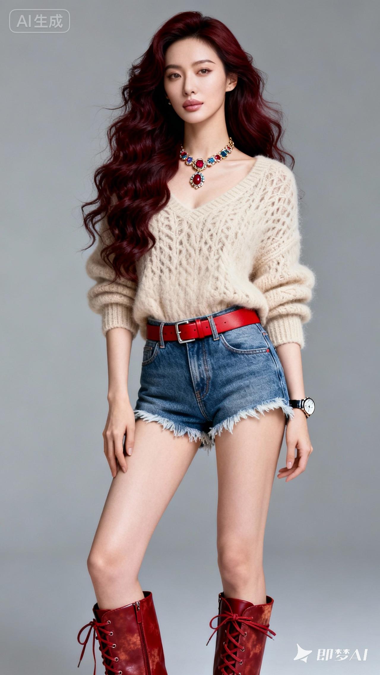 复古牛仔短裤搭配米色毛衣，红发少女复古穿搭，时尚又迷人！