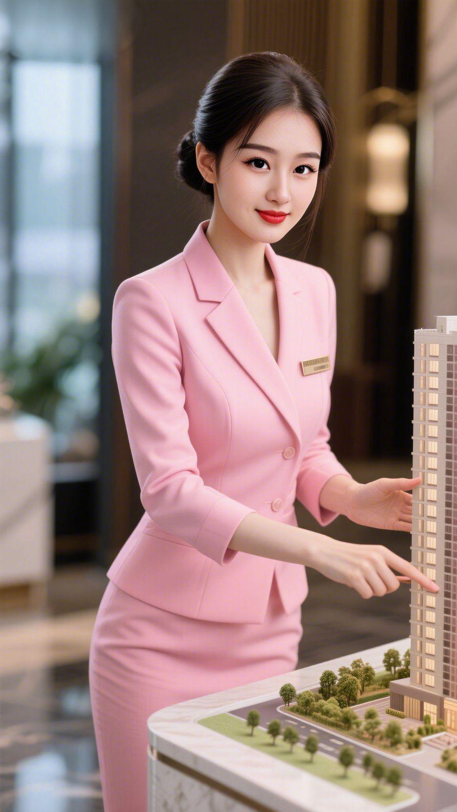 《粉西装里的得体暖意》暖光轻笼的展厅中，她身上的粉西装像揉软的春日绯云，将