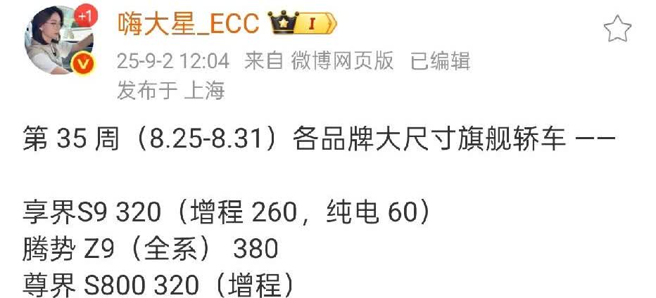 尊界S800的销量就快要追上腾势Z9了，且已追平享界S9了。尊界S800