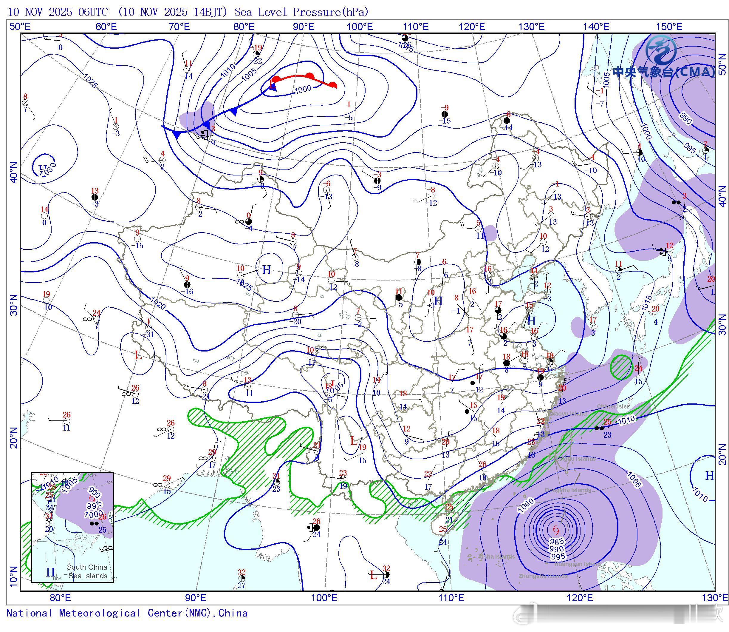 台风凤凰今天白天，冷空气对应的冷高压和台风凤凰的低压系统，在台湾海峡到南海上形