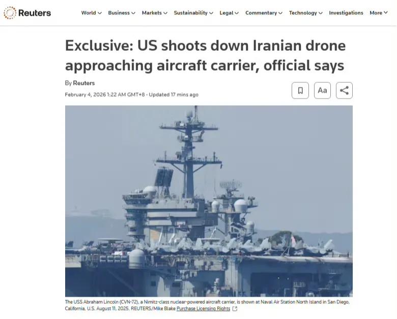 英国路透社报道称，美国海军F-35C隐身舰载战斗机在阿拉伯海击落了一架监视“林肯