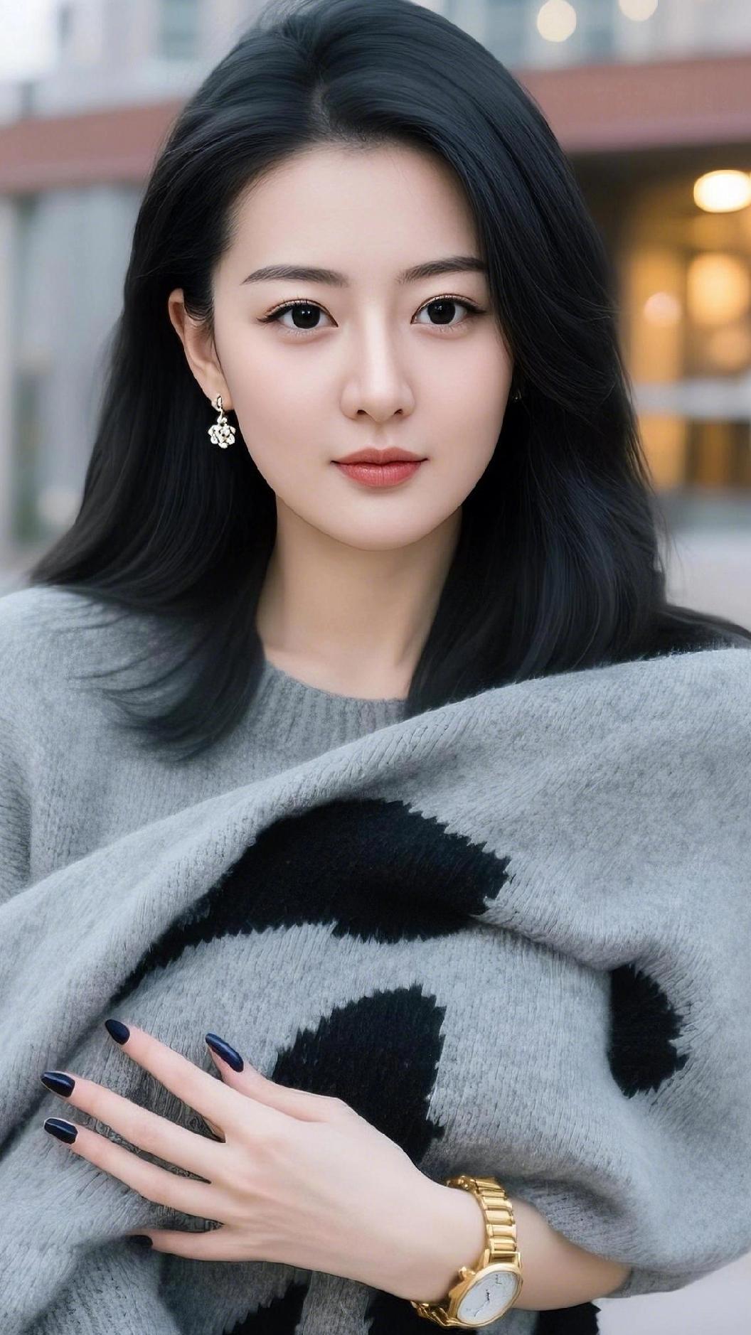 优雅黑发少女，灰色毛衣搭配，时尚又温暖。