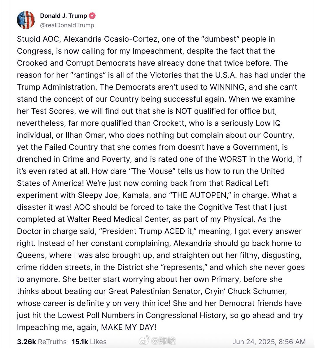 大统领今天火气很大，连续开炮怒吼：“愚蠢的AOC，亚历山德拉·奥卡西奥-科尔特斯
