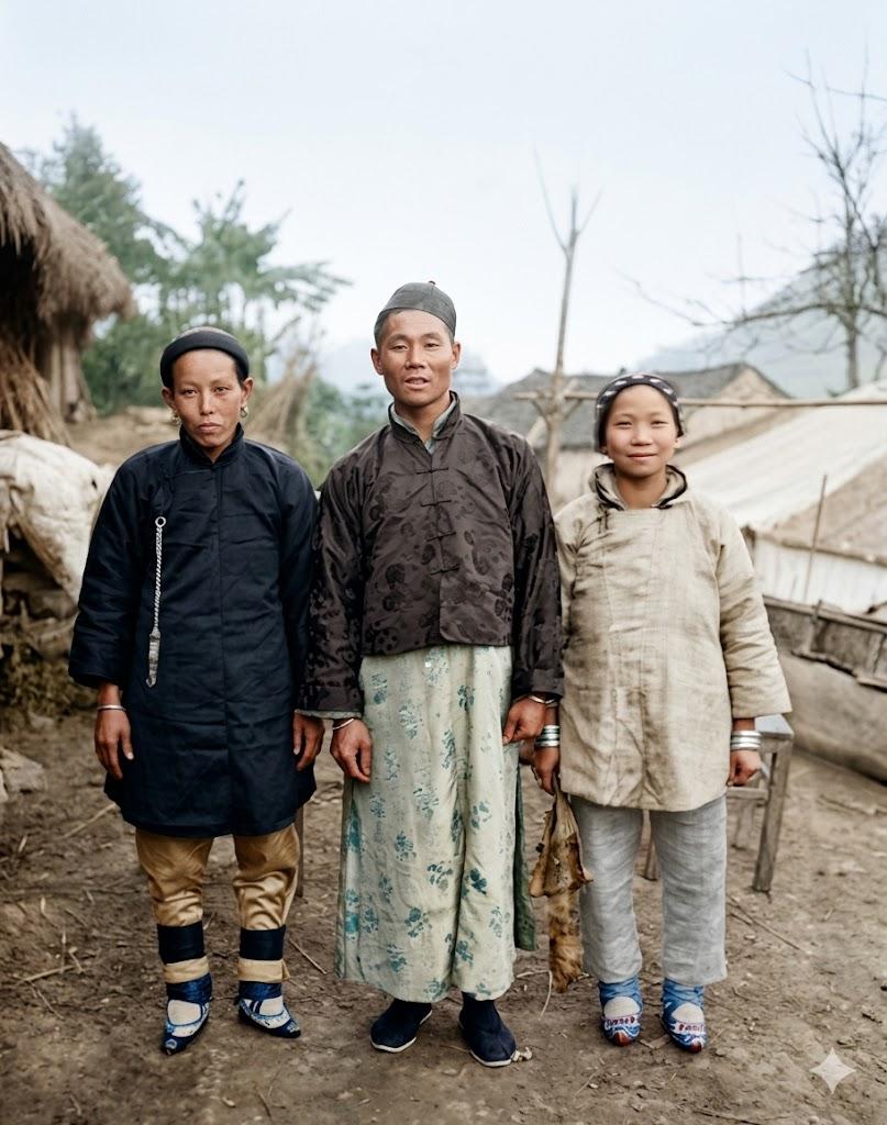 1910年，清末乡间，一夫二妻（一妻一妾）合影。中间是一家之主，沉稳而立；两侧妻