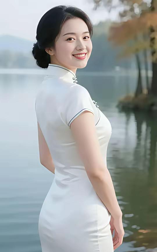 湖畔佳人在湖的柔波里，时光也放慢了脚步。你身着素白旗袍，宛如一朵悄然绽放