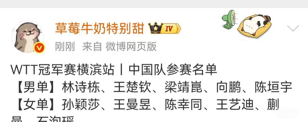 WTT冠军赛横滨站国乒选手参赛名单公布男单：林诗栋王楚钦梁靖崑向鹏