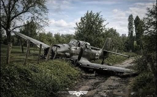1940年5月，比利时，一架被击落的Ju-87B“斯图卡”俯冲轰炸机，编号为T6