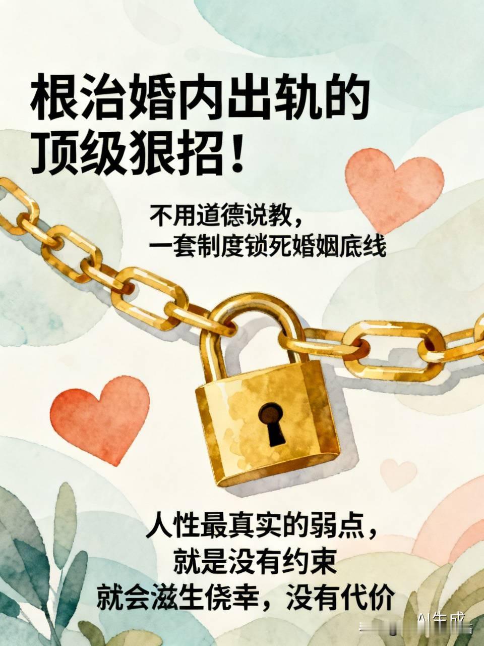 根治婚内出轨的顶级狠招！不用道德说教，一套制度锁死婚姻底线很多夫妻婚姻破裂、遭遇背叛，最后都归咎于对