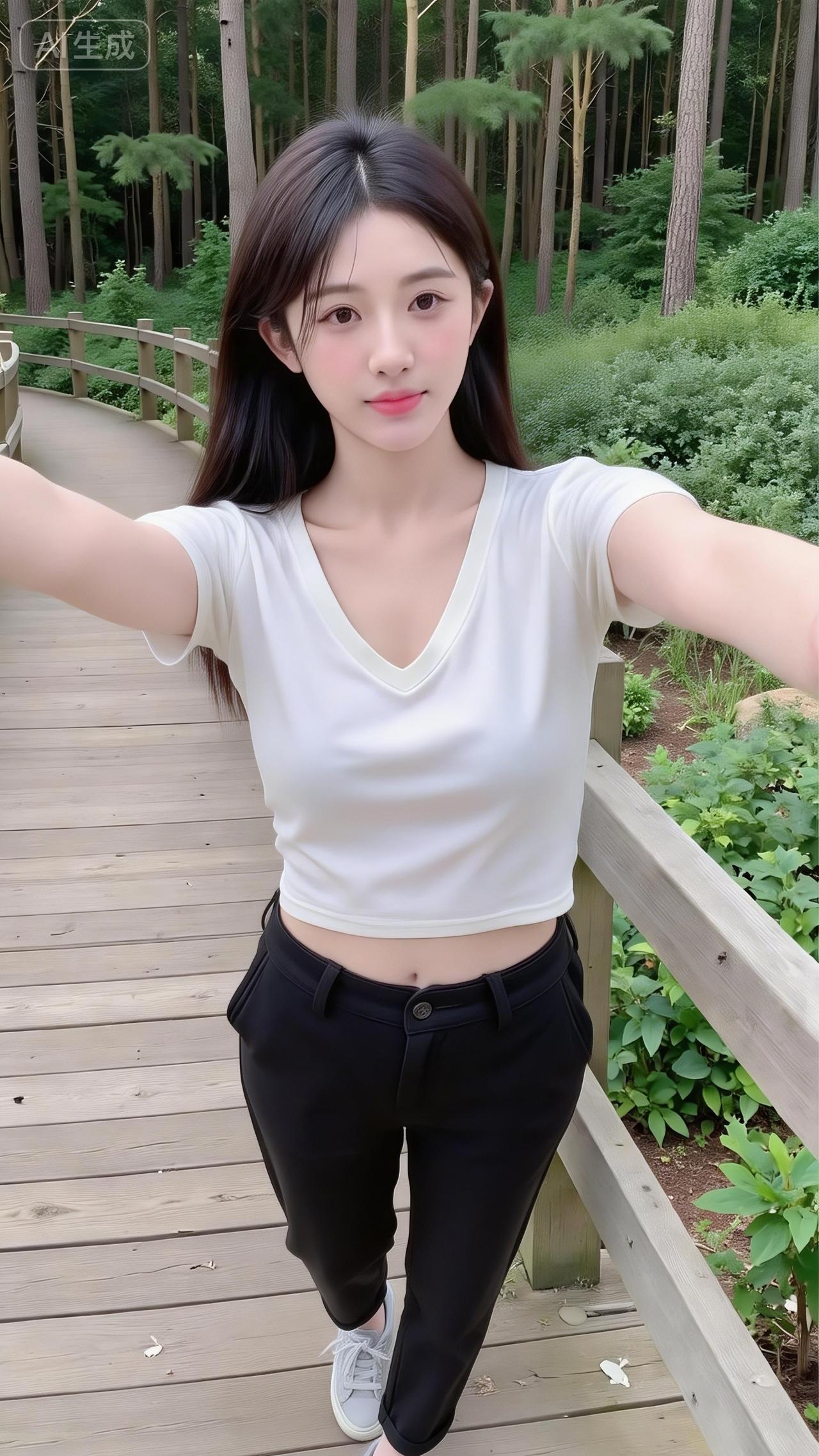 林间栈道的清爽系少女白V领短T搭黑裤，干净得像林间的风~随性自拍的松弛感，