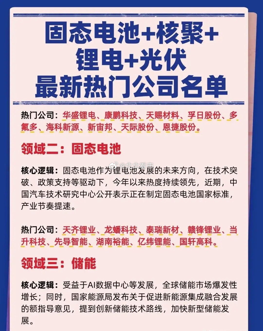 新能源领域热门公司盘点：固态电池、储能、锂电+光伏！