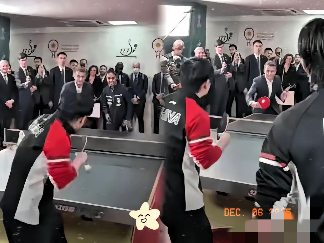 马克龙这是彻底上头了，边打边喊：“我还要莎莎发球！”连吃几个发球还不服