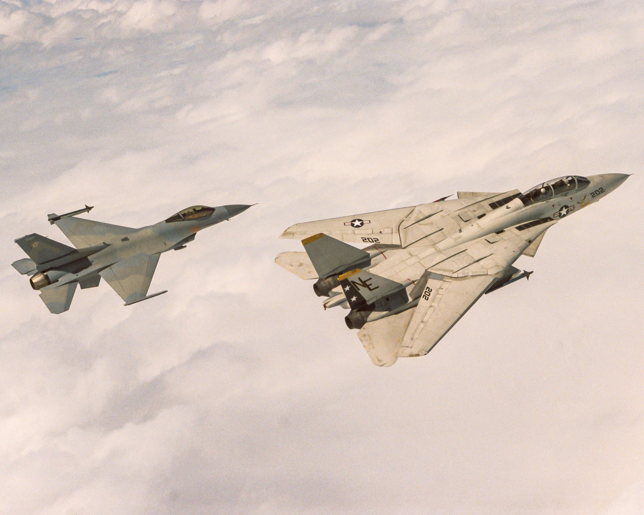 猫宁。1989年，VF-126中队旗下F-16N与VF-2中队旗下F-14A同