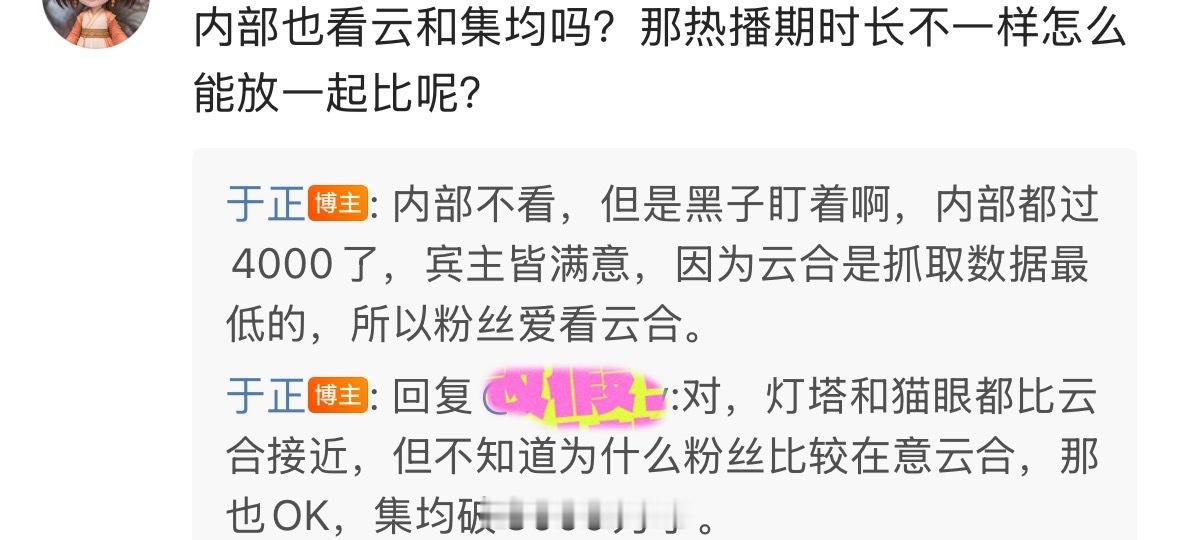 于正说内部不看云合集均但是黑子盯着，称白鹿临江仙内部集均播放量都过4000万了，