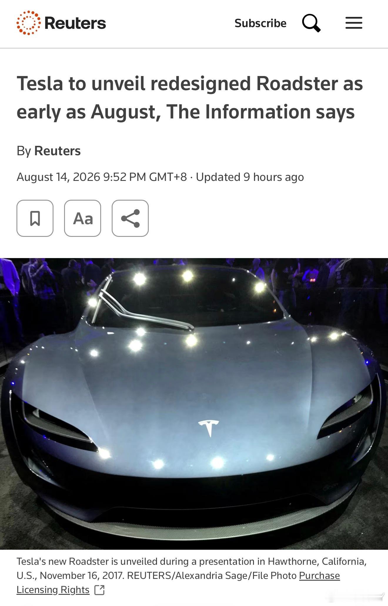 特斯拉Roadster2发布在即，发布会上真的要飞。路透社消息：据The