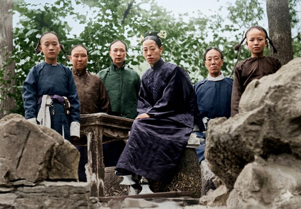 清末，紫禁城，隆裕太后与身边太监的珍贵合影，照片里她身着华贵旗装，脚踩花盆底鞋，
