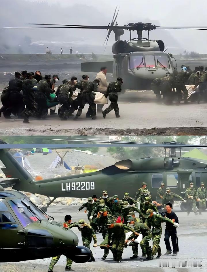 这是2008年汶川大地震，陆航部队用仅有的几架美国黑鹰直升机转运伤员、营救受困群