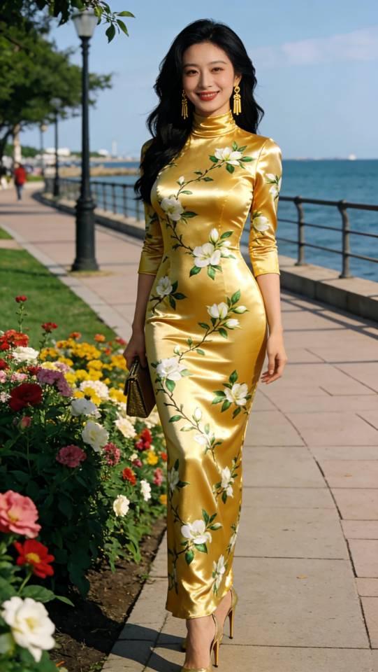 金色花旗袍裙女子漫步海滨公园。旗袍旗袍美女