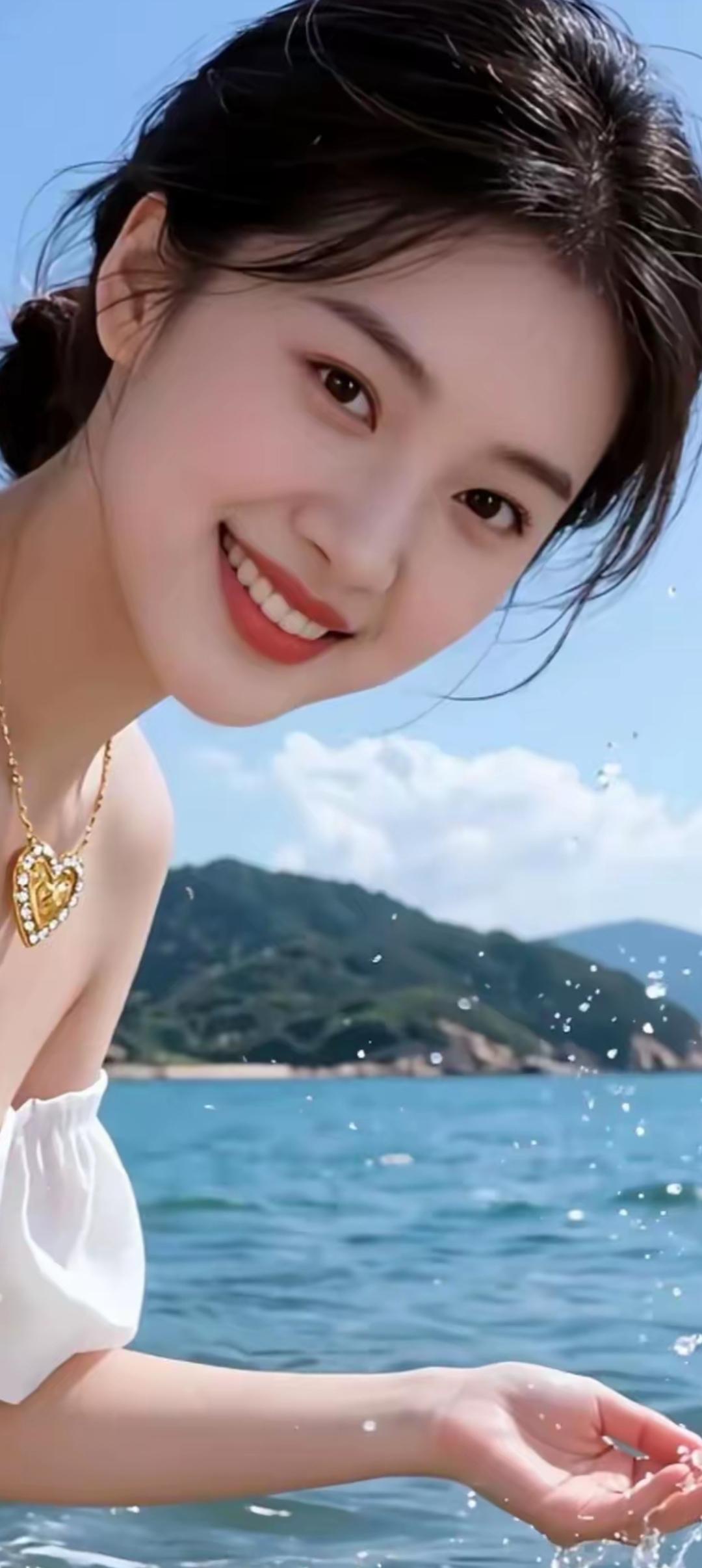 海边少女，微笑迎风，心心相印，浪花轻抚