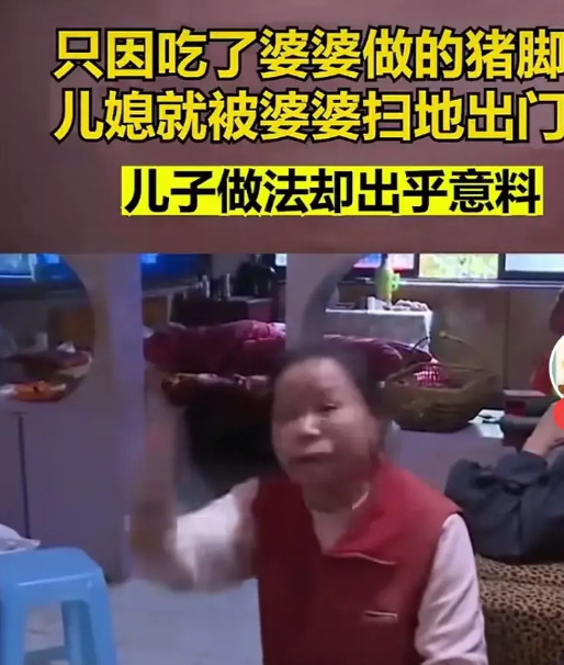 婆婆给公公做的猪脚。儿媳妇全部把它干光了，连汤都没剩。婆婆大发雷霆，对着儿媳大吼