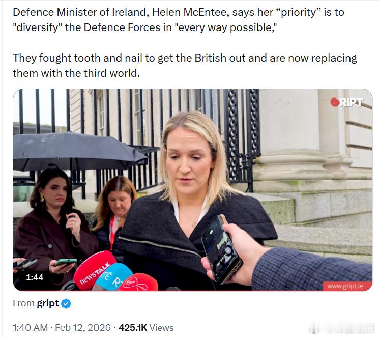 爱尔兰国防部长海伦·麦肯蒂表示，她的“首要任务”是在“尽可能多的方面”实现国防军
