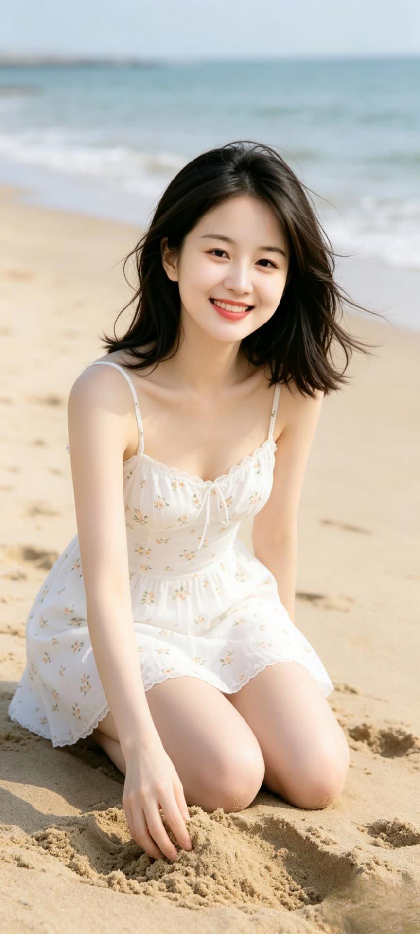 海边少女，阳光明媚，微笑如花，沙滩上的美好时光。