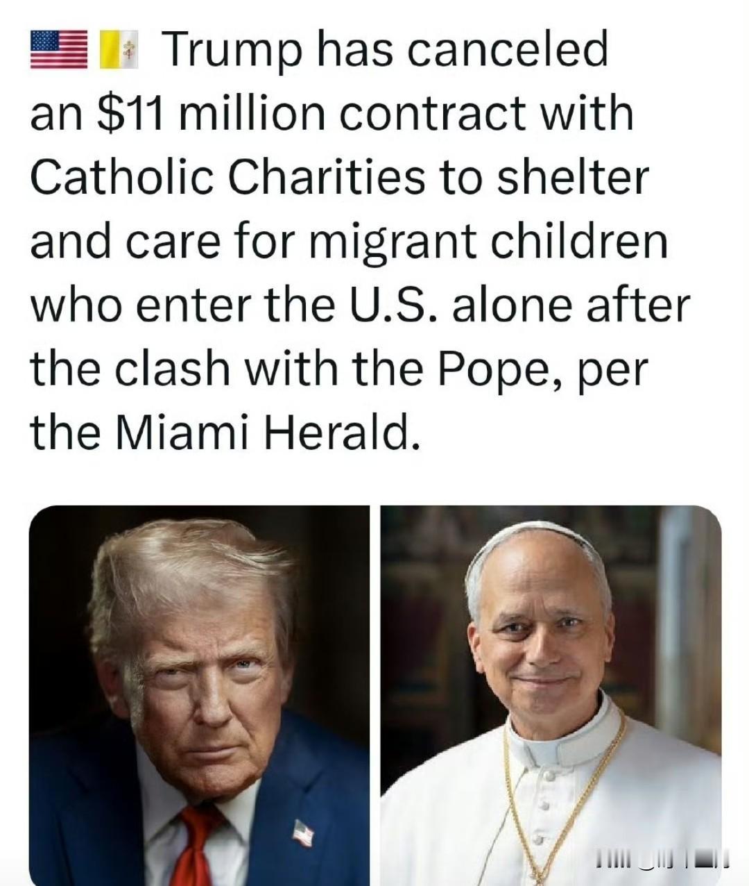 果然小肚鸡肠据《迈阿密先驱报》报道，在与教皇发生冲突后，特朗普取消了与天主教
