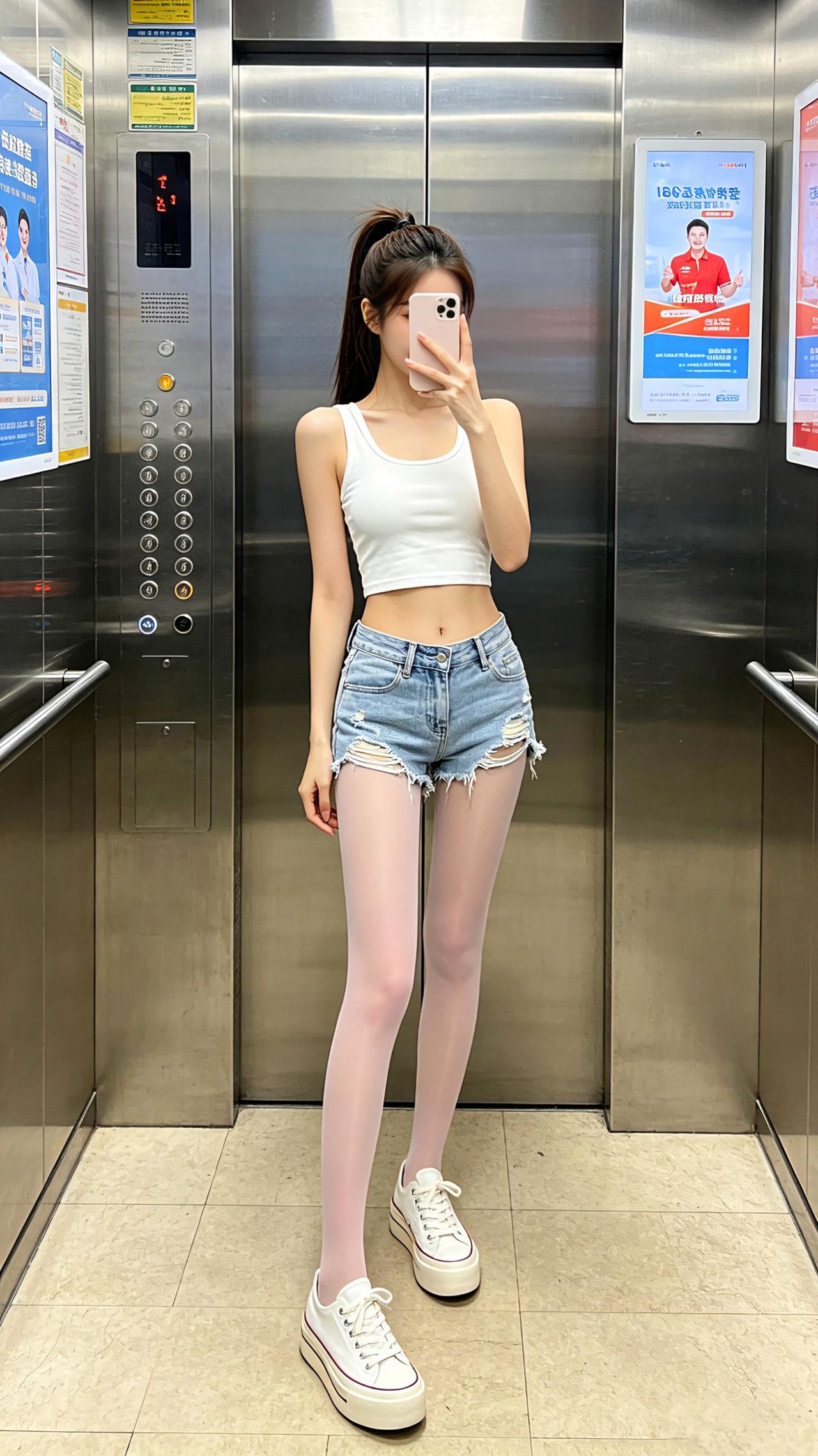 这种辣而不腻的甜飒风你们爱了吗？电梯间里，白背心露腰裹着清爽甜辣，破洞牛仔短裤一