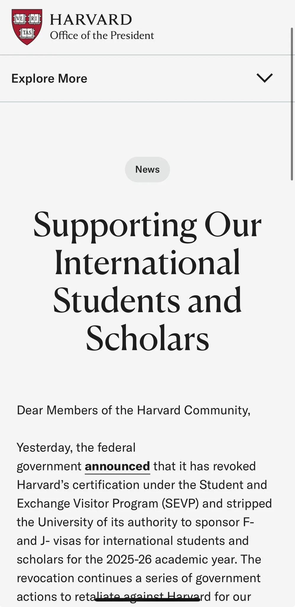 哈佛大学校长公开信：“支持我们的国际学生与学者亲爱的哈佛大学社区成员：