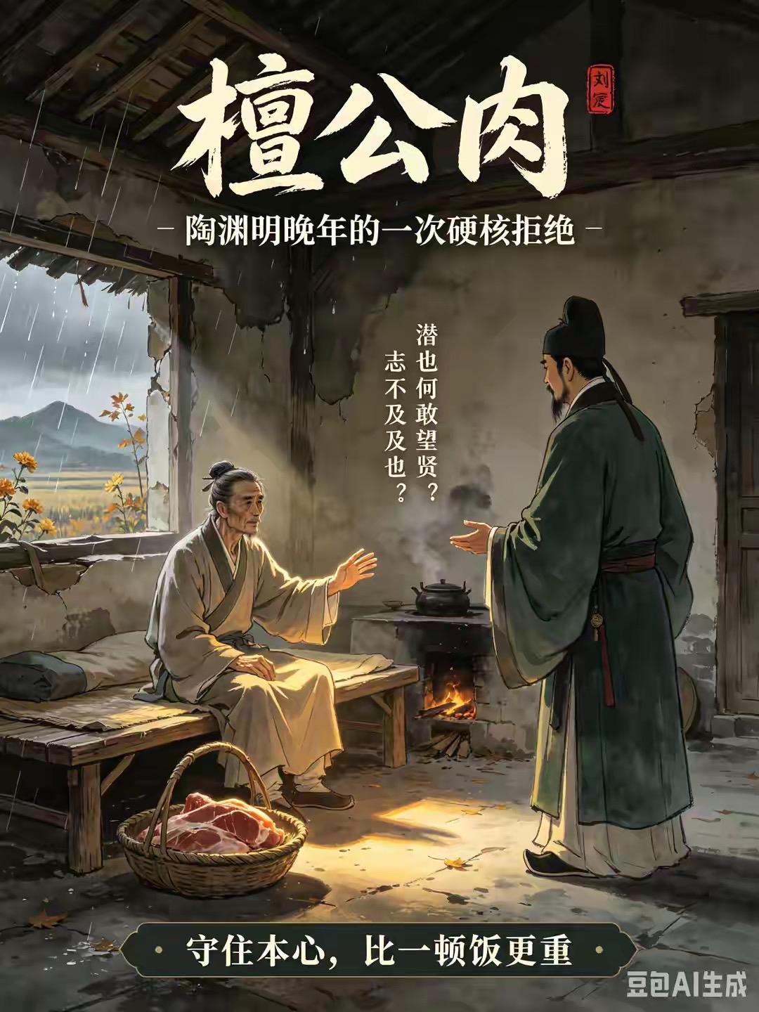 陶渊明晚年贫病交加，饿到偃卧不起，江州刺史檀道济带着粱肉登门探望，劝他出仕顺世。